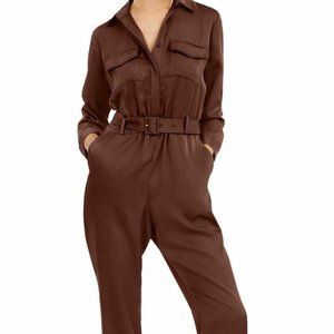 NWT INC Pocketed Cuffed Collared Button Up Skinny Jumpsuit Deep Sienna Womens